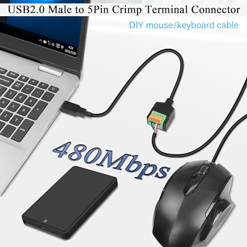 Quick Connect USB Solderless Adapter Short Cable Male to 5Pin Crimp Terminal Connector Spring Terminal Breakout Board Plug, 480Mbps 5V2A, for