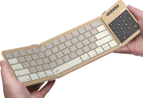 Bluetooth 5.0 Foldable Keyboard With Trackpad & Numpad, Full-Size Travel Portable Keyboard For Ipad Tablet Laptop Pc Smartphone Windows Ios Android, Triple Device Pairing, Khaki