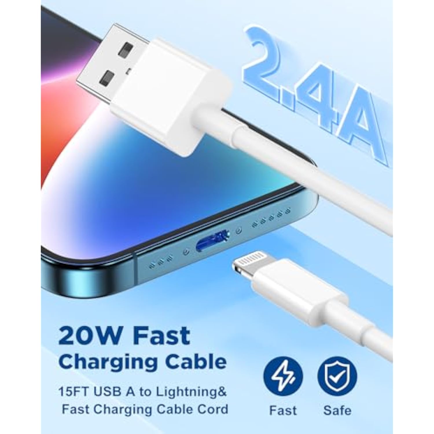 15 Ft Iphone Charger Cord Extra Long, [Apple Mfi Certified] Lightning Cable 5M, 2.4A Long Iphone Charger Cable Fast Charging Cable 15 Foot For Iphone 14/14Pro/13/12/11/11Pro/X/Xr/Xs Max/8-White