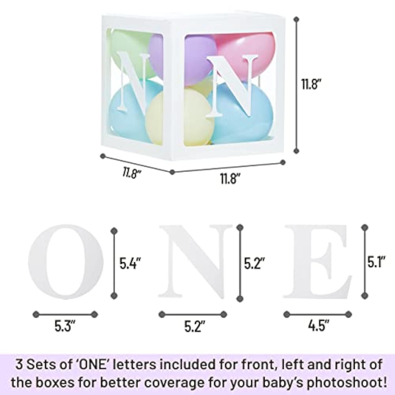 One Boxes For 1St Birthday With 24 Balloons For 1 Year Old Party - Baby First Birthday Decorations Clear Cube Blocks 'One' Letters As Cake Smash Photoshoot Props In Pastels Rainbow Unicorn Theme
