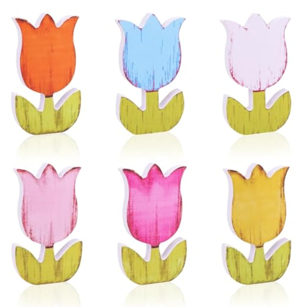 6 Packs Spring Tulip Wooden Centerpieces For Table Decorations, Rustic Tulip Flower Wood Tabletop Signs For Indoor Home School Office Mantel Tiered Tray Decor