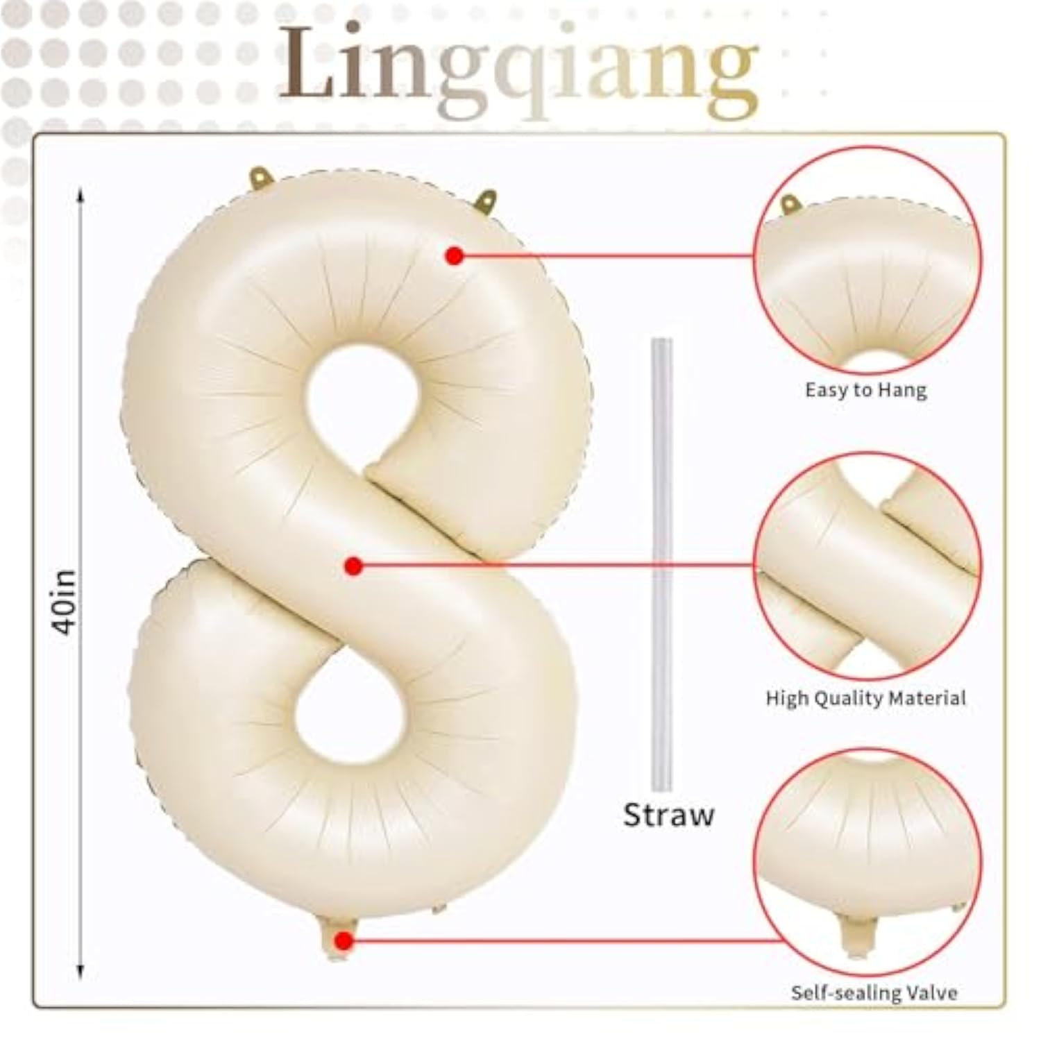 40 Inch Cream Foil Balloon Number 8, Giant Self Inflating Beige Number Balloons 0-9 For Men Women, White Sand 8 Helium Balloons Set For Girls Boys 8Th Birthday Anniversary Party Decorations Supplies