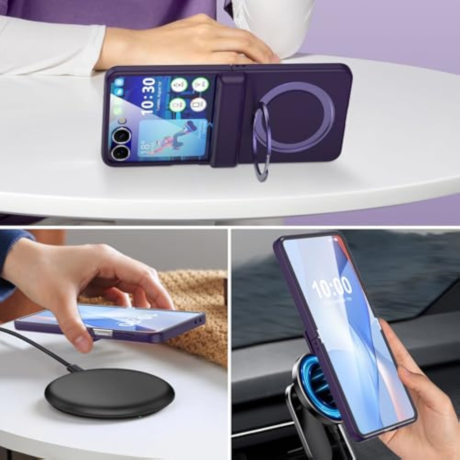 Designed For Samsung Galaxy Z Flip 7 Case Magnetic With Hinge Protection& Screen Protector & Kickstand [Compatible With Magsafe],Slim Protective Phone Case Cover For Z Flip 7 - Purple