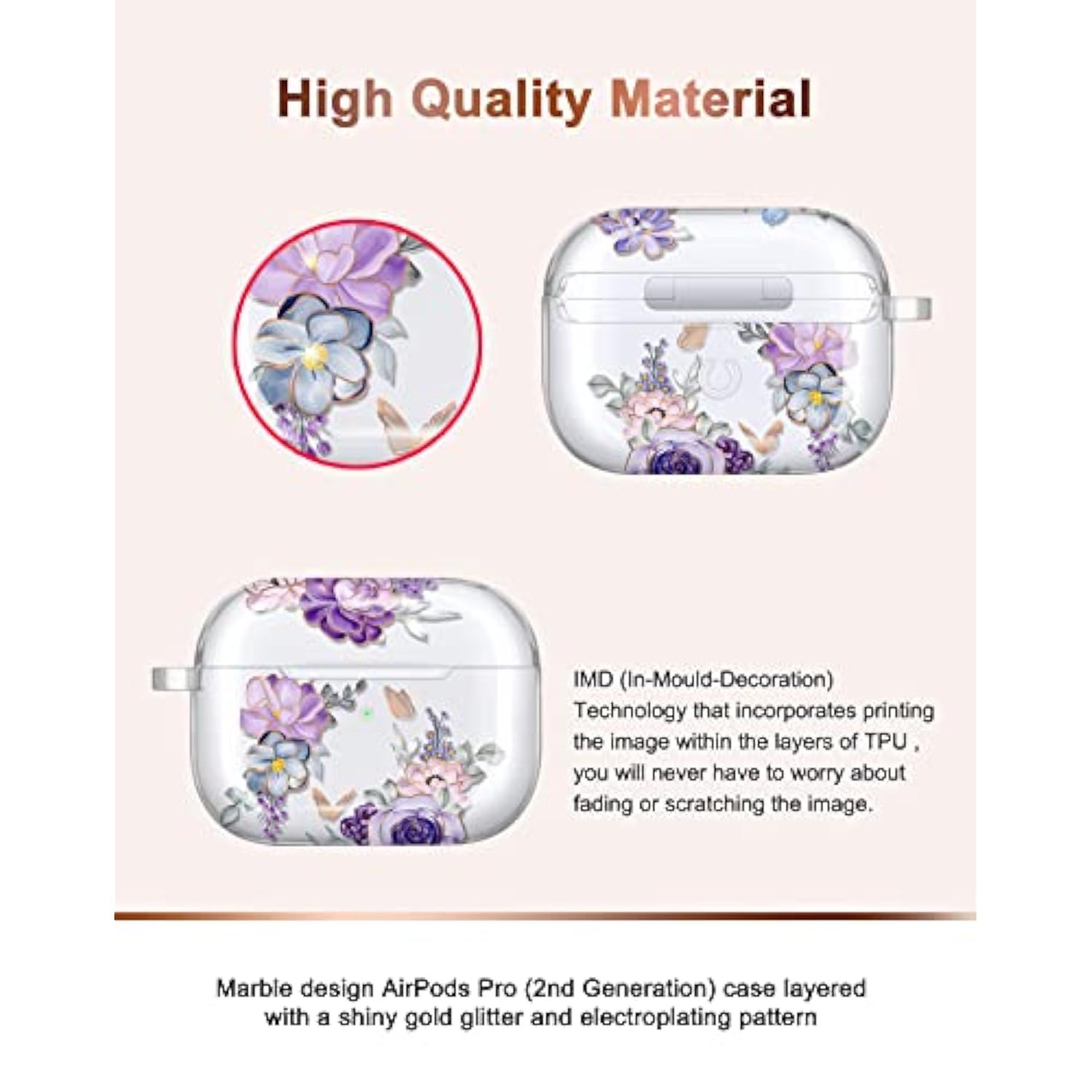 Compatible With Airpods Pro 2019 / Airpods Pro 2Nd Generation Case Cover Gold Sparkle Glitter Butterfly Design Cute Full Protective Tpu Skin Accessories For Women Girl Flower Purple