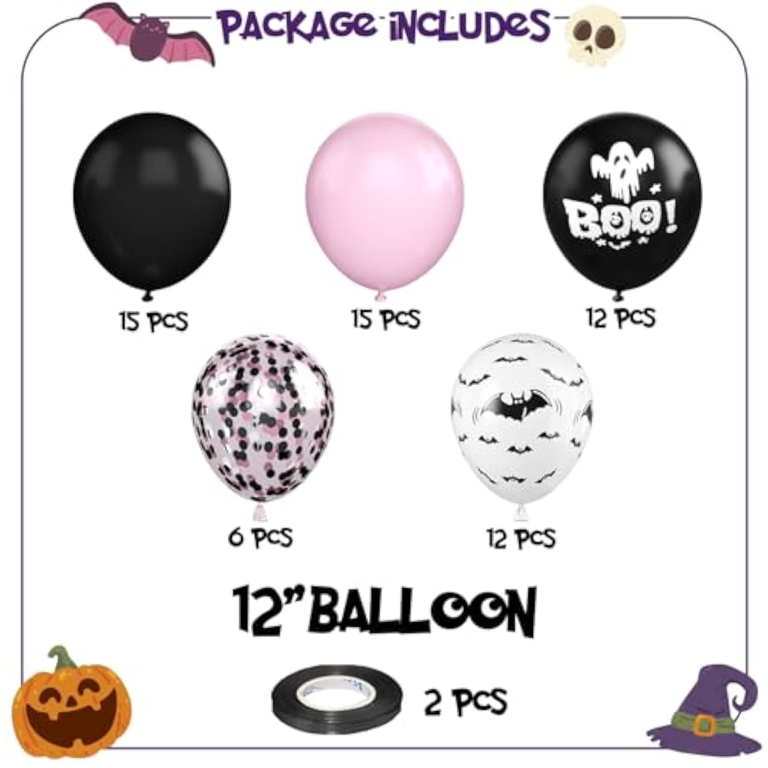 60pcs Halloween Balloons 12 Inch Pink Black Confetti Bat Ghost BOO Printed Party Decorations