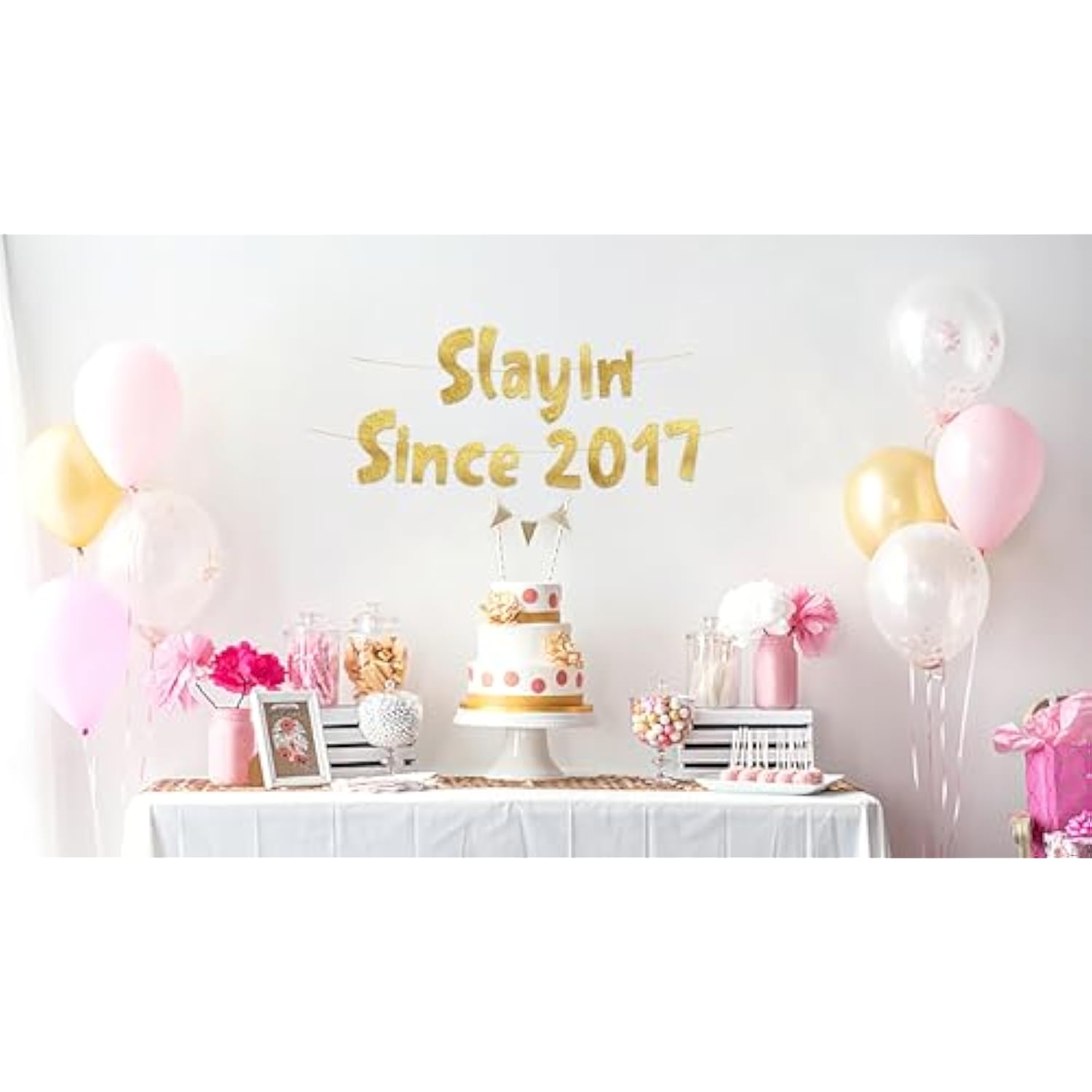 Pre-Strung Slayin' Since 2017 Gold Glitter Banner - Funny 9Th Birthday And Anniversary Decorations For Boys And Girls - Party Supplies And Gifts