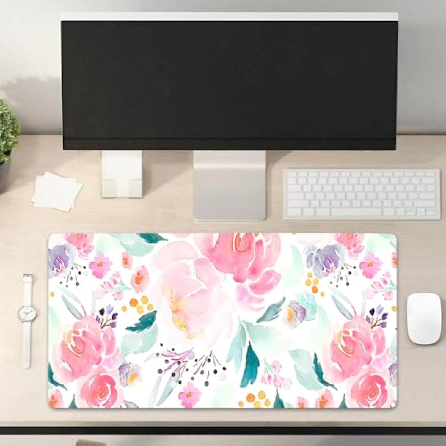 Boho Large Mousepad Botanical Green Leaves Modern Aesthetic Desk Mat Xl Watercolor Floral Mouse Pad Pink Flower Non-Slip Rubber Base Office Home Computer Keyboard Gaming Mouse Pad 31.5 X 11.8 Inches
