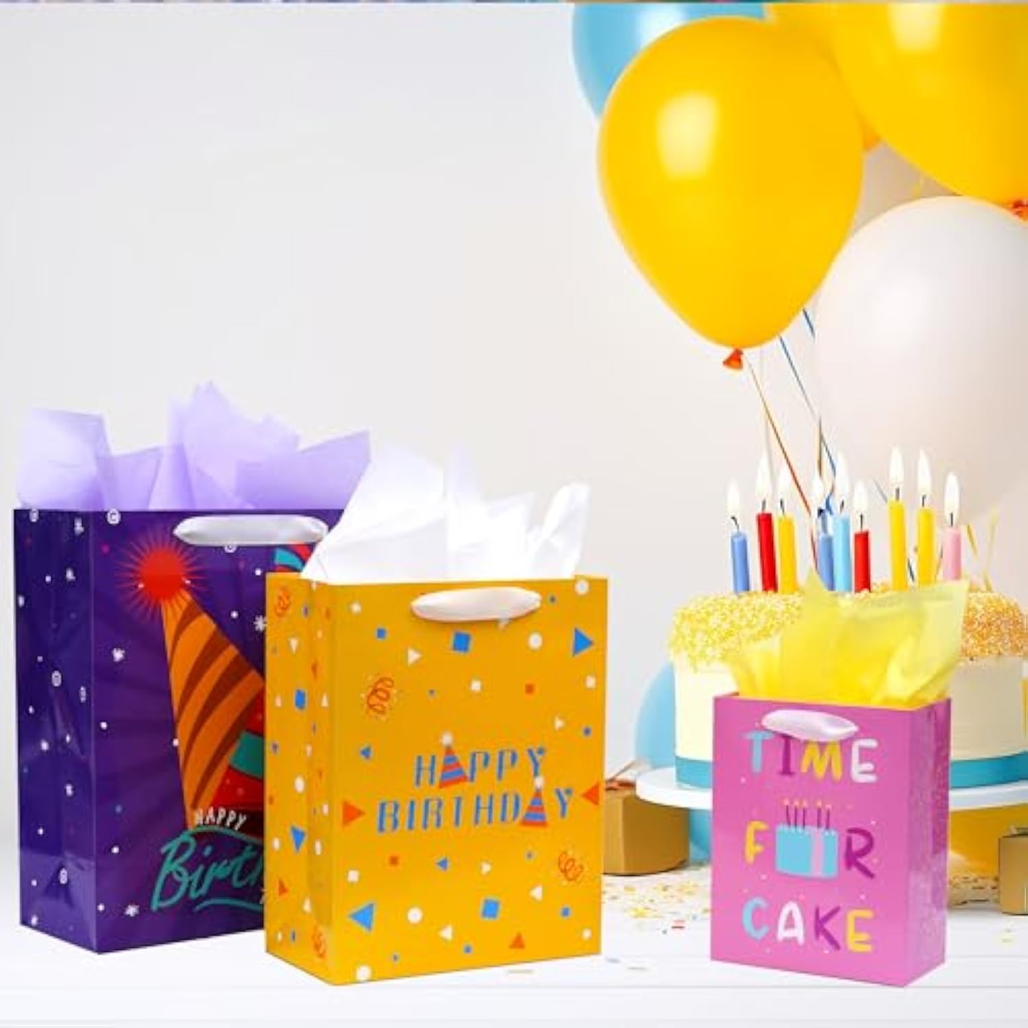 8 Pack Birthday Gift Bags Assorted Sizes (2 Extra Large 15", 3 Large 13",3 Medium 9") With Ribbon Handle And Tissue Paper, Reusable And Perfect For Wrapping Present