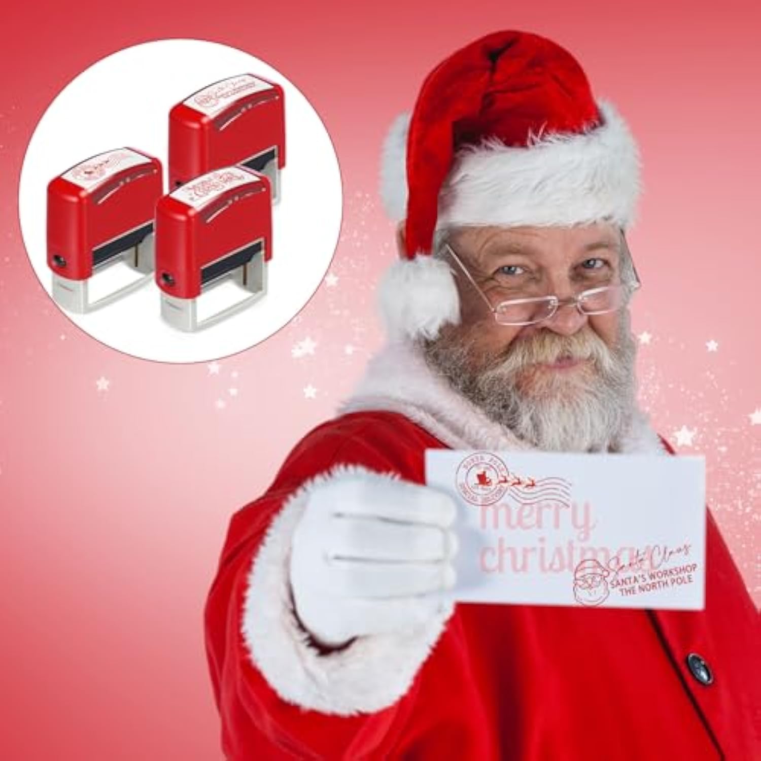 3 Pcs Christmas Self Rubber Stamps With Red Ink North Pole Self Inking Stamp Santa Claus Signature Reindeer Christmas Tag For Adults Office School Party (Red)