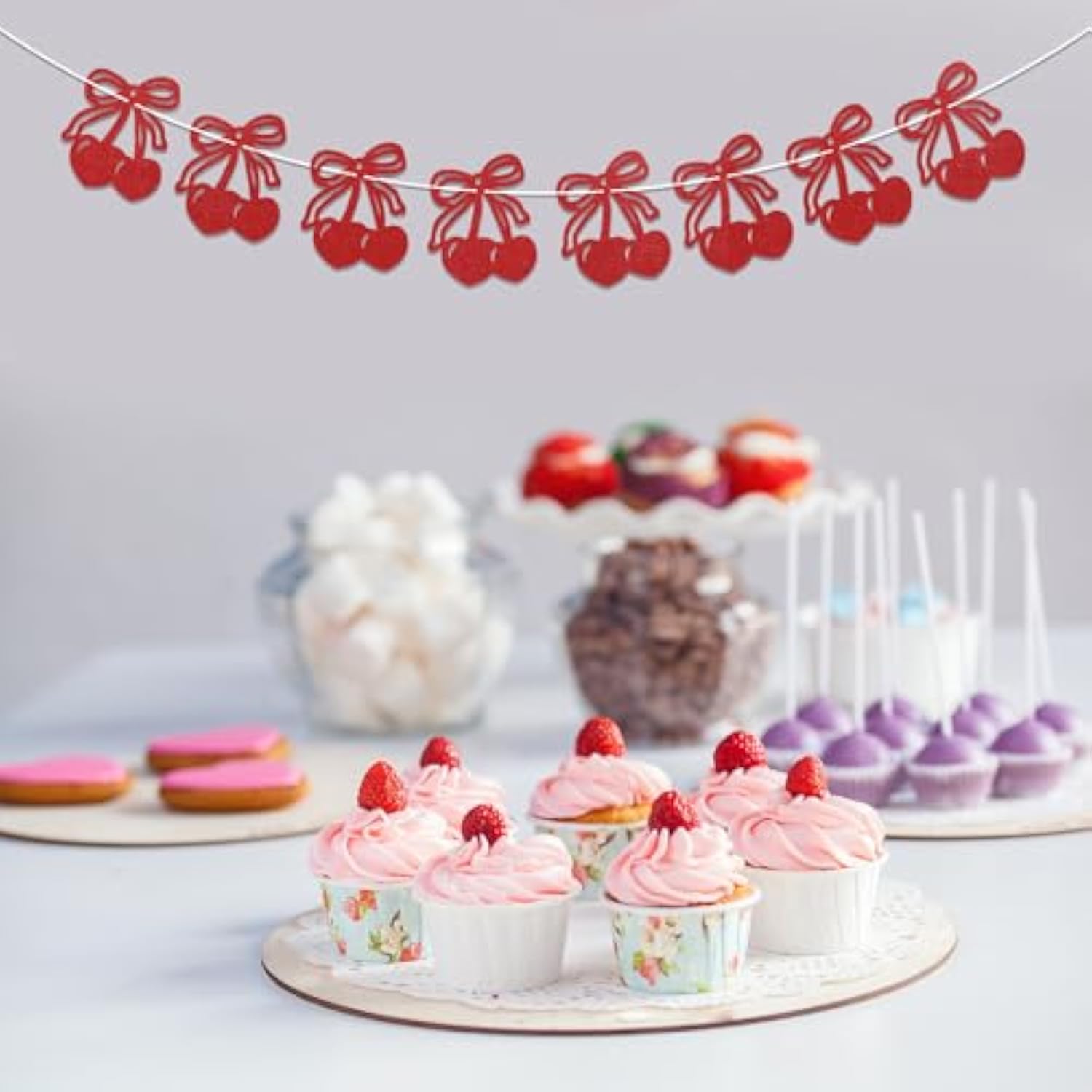 Cherry Banner - Cherry Fruit Hanging Decor, Cherry Theme Home Decor Banner Decoration For Christmas, Birthday, Bachelorette, Bridal Shower, Wedding Party Decorations Red Glitter