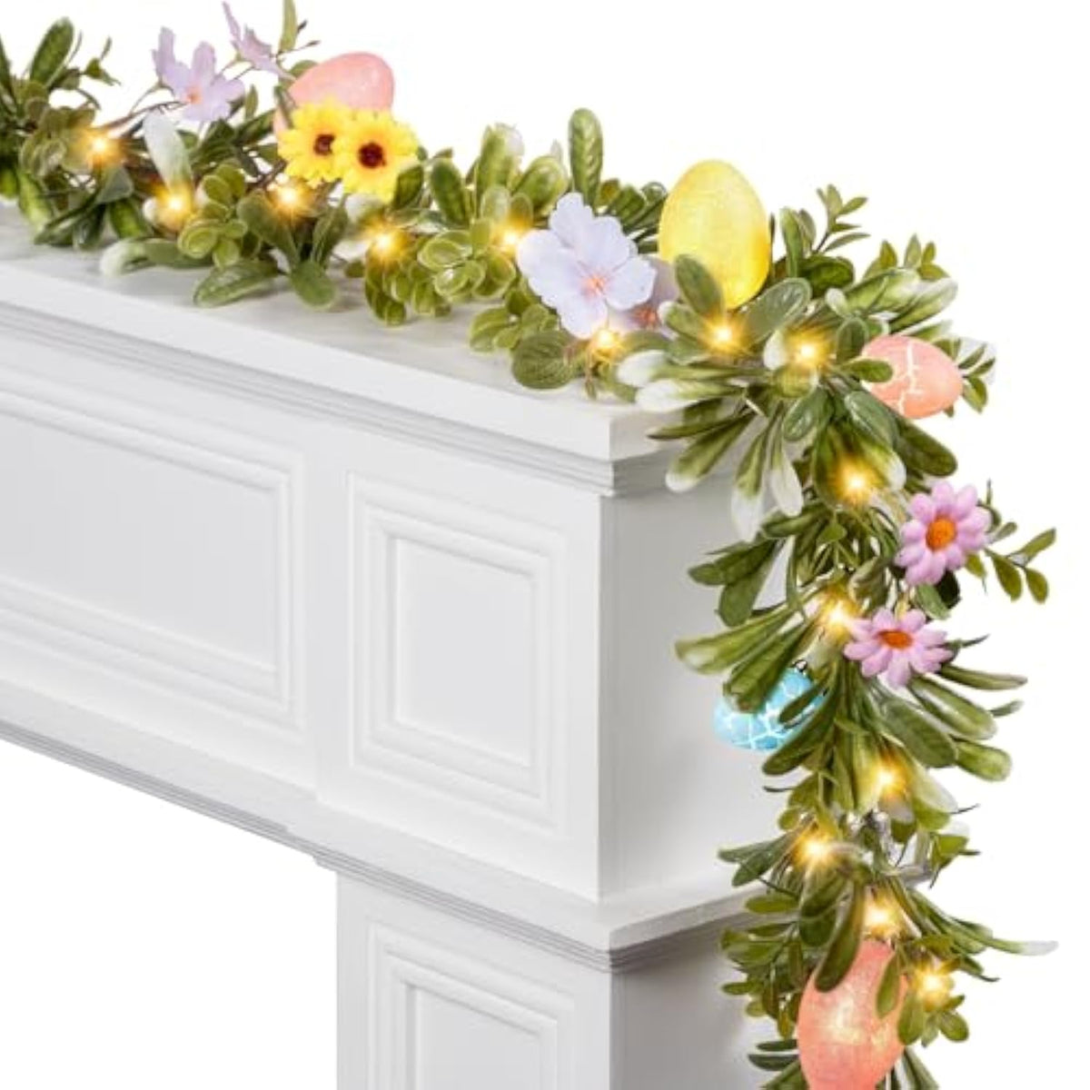 6 Ft Pre-Lit Easter Garland With 20 Led Lights & 8 Mode Timer, Lighted Pastel Easter Egg Garland For Mantle Decorations, Olive Spring Garland With Artificial Egg & Flower For Fireplace Table Holiday