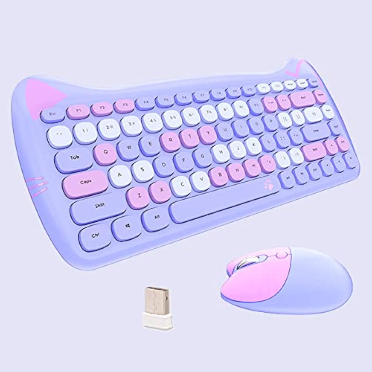 Cute Cat 2.4G Usb Wireless Keyboard And Mouse Combo, Silent Keys, Candy Colors, Compatible With Notebook, Pc (Purple84Keys)