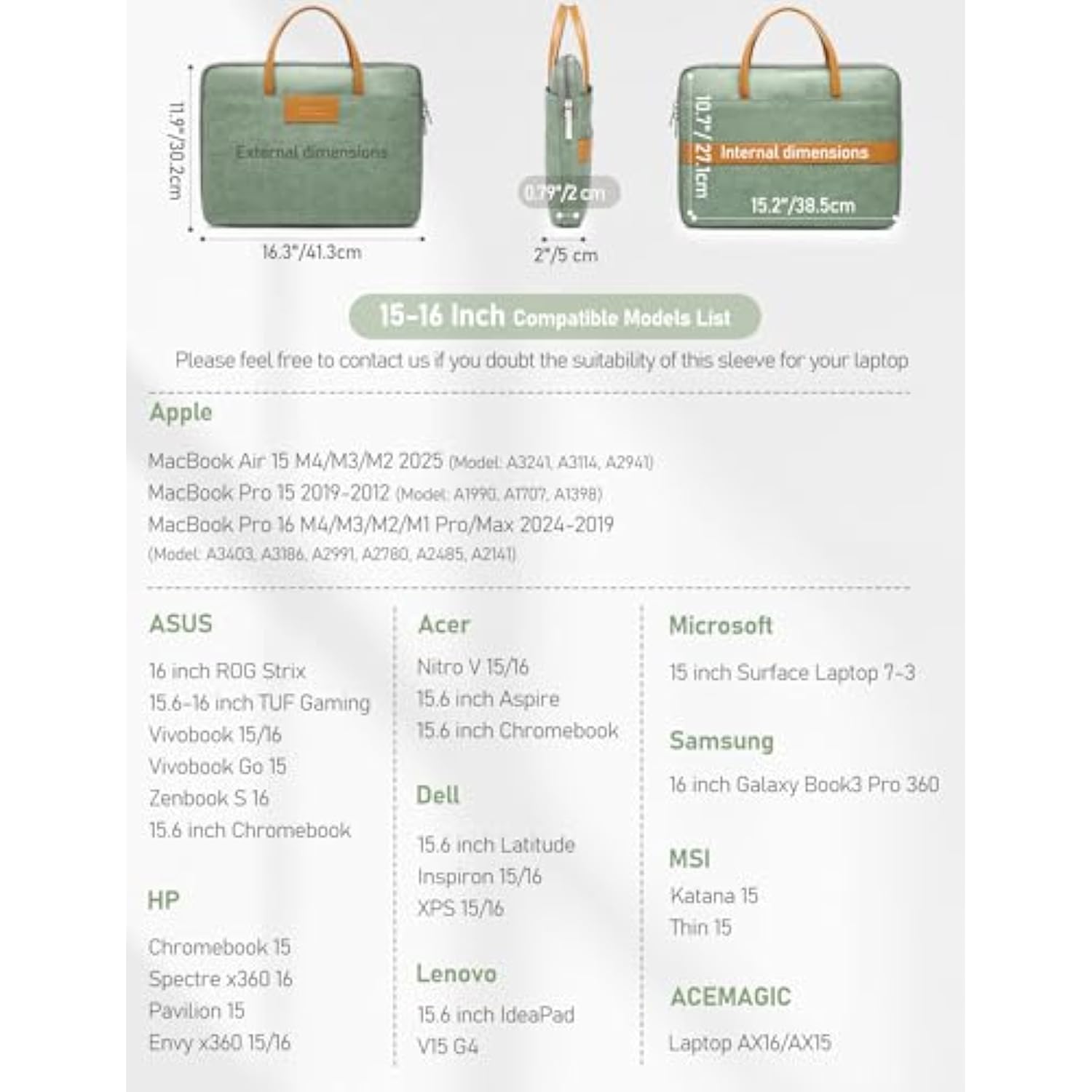 15-16 Inch Shockproof Laptop Sleeve With Handle, Computer Bag For Macbook Pro 16 M4/M3/M2/M1 Pro/Max, Macbook Air 15 M4/M3/M2, 15.6 Inch Chromebook, 16 Inch Tuf Gaming, Inspiron 16, Spruce