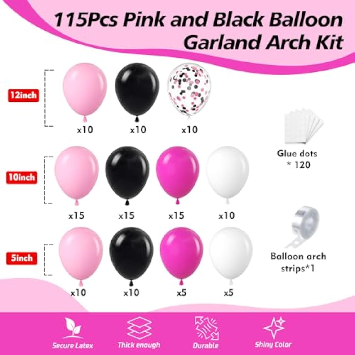 115pcs Pink, Black & White Balloon Garland Kit for Birthday, Baby Shower, or Theme Parties