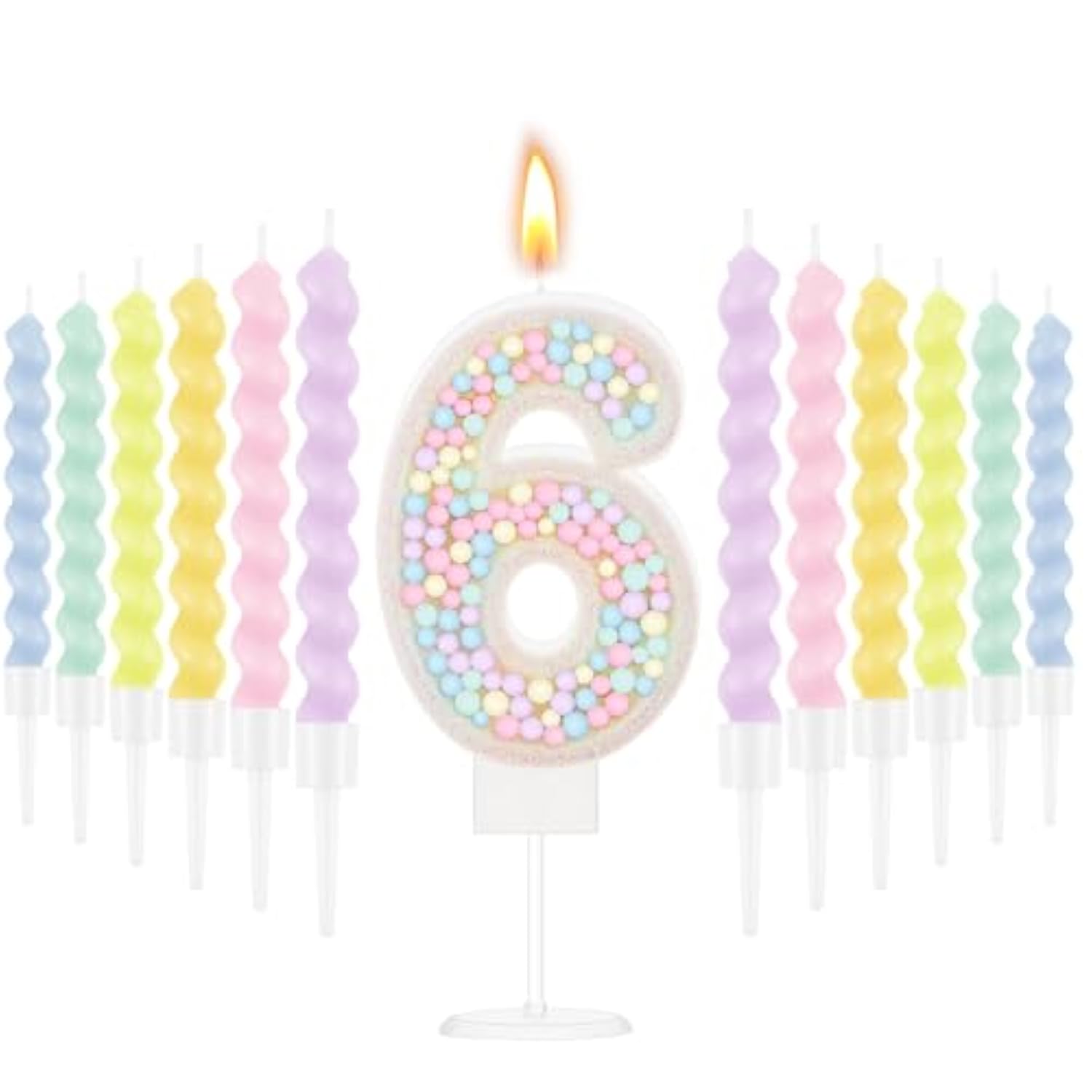 Number 6 Birthday Candle With 12 Pcs Spiral Candles For Girls Macaron Pastel Rainbow Unicorn Pink Cake Topper For Sweet Theme Party Decoration