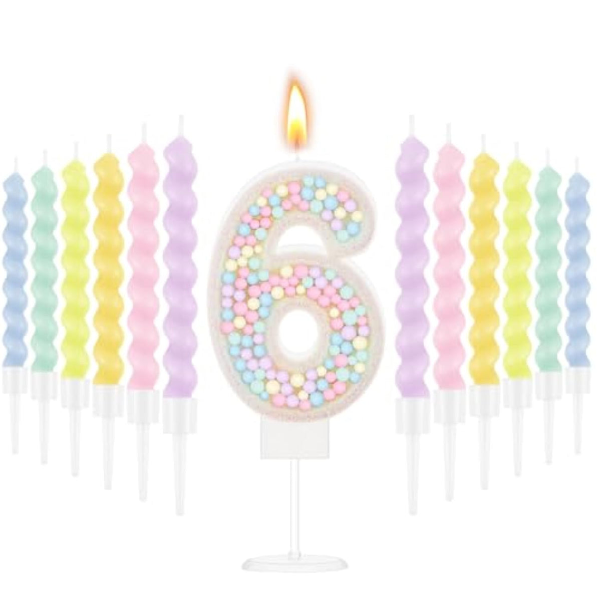 Number 6 Birthday Candle With 12 Pcs Spiral Candles For Girls Macaron Pastel Rainbow Unicorn Pink Cake Topper For Sweet Theme Party Decoration