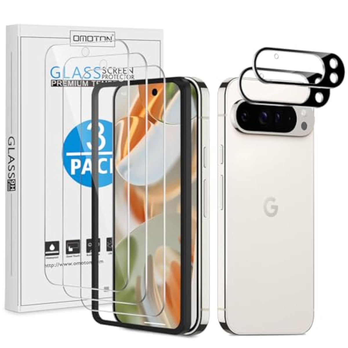 Omoton 3+2 Pack For Screen Protector, 3 Pack Tempered Glass Screen Protector & 2 Pack Camera Lens Protector For Pixel 9 Pro 2024 6.3Inch, Case Friendly (Not For Pixel 9/9 Pro Xl)