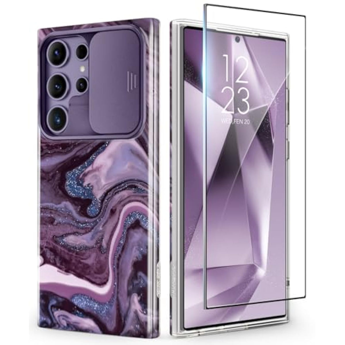 For Samsung Galaxy S24 Ultra Case With Slide Camera Cover+Screen Protector, [ Grade Shockproof] Marble Protective Slim & Tough Phone Case For S24 Ultra 6.8"(Quicksand/Purple)