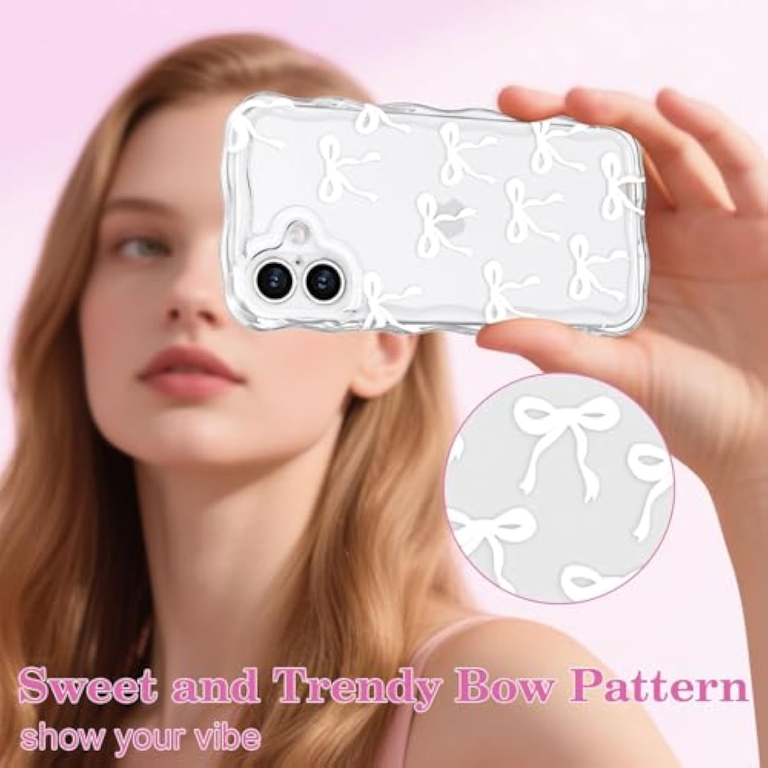 Bow Case For Iphone 16, Cute Ribbon Bows Wavy Curly Frame Clear Phone Case For Girls Women, Aesthetic Bowknot Transparent Soft Silicone Tpu Bumper Shockproof Protective Cover - White