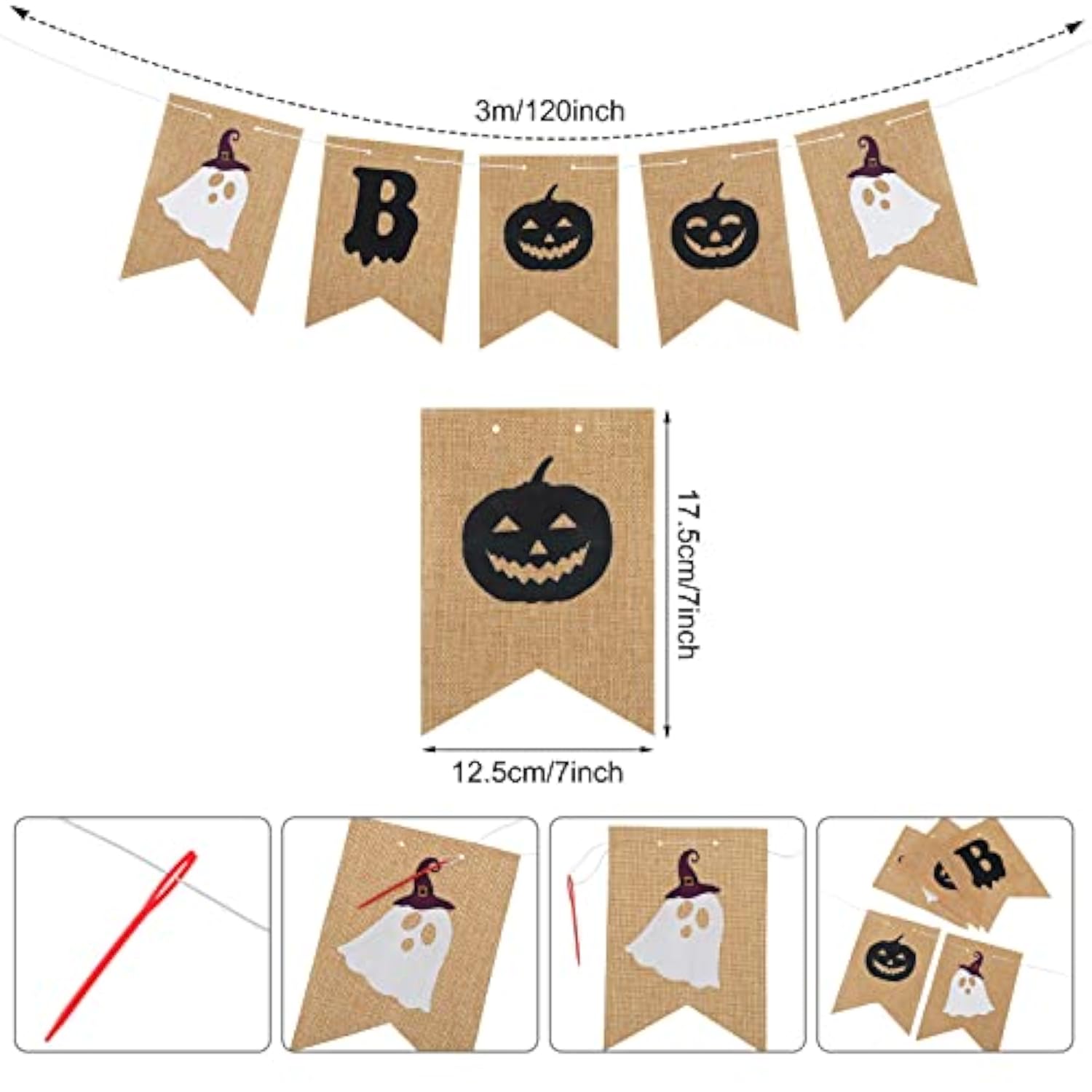 3PCS Halloween Burlap Boo Banner Felt Garland Ghost Orange Black Party Decor