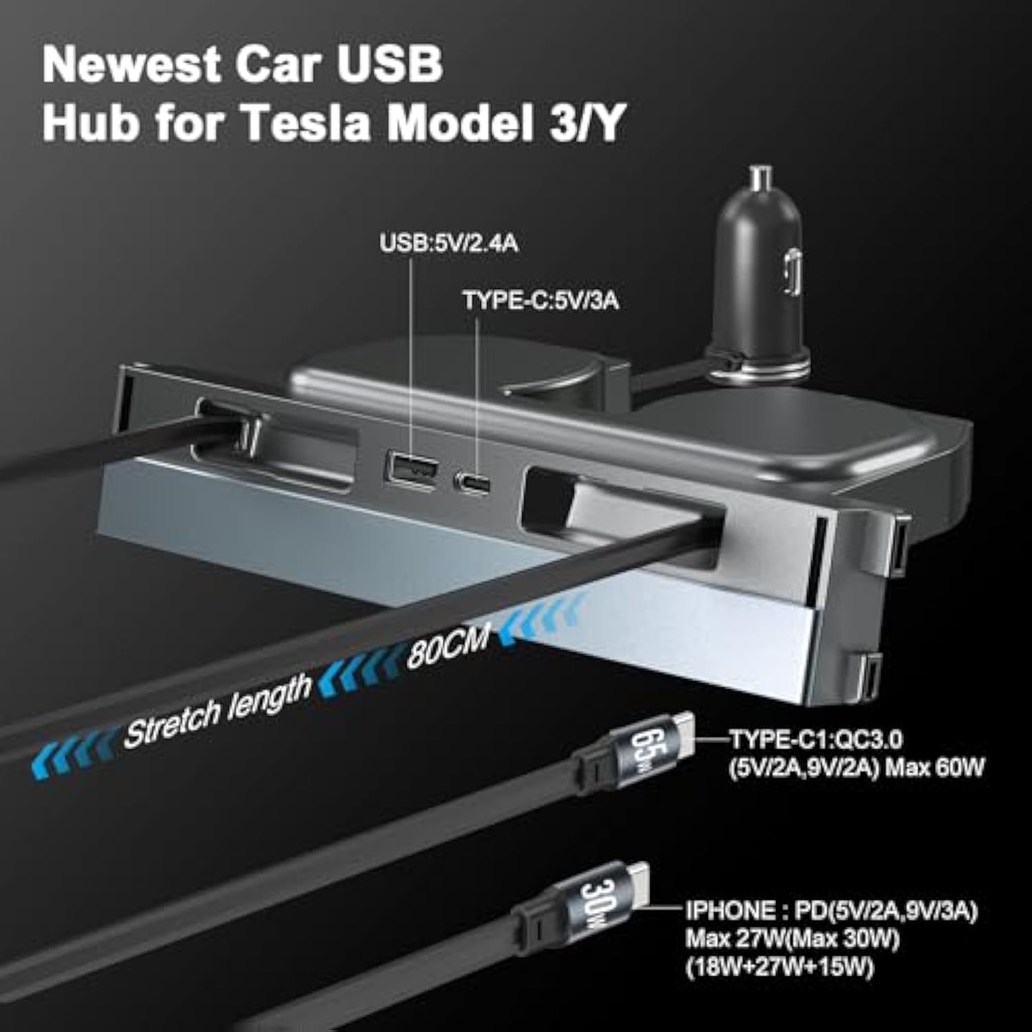 65W Usb Hub For Tesla Model 3 Highland/Model Y Juniper 2024 2025 Waterproof - 4Ports Fast Charger Tesla Accessories For Tesla Phone Charger 2 Type-C Fast Charging Cables