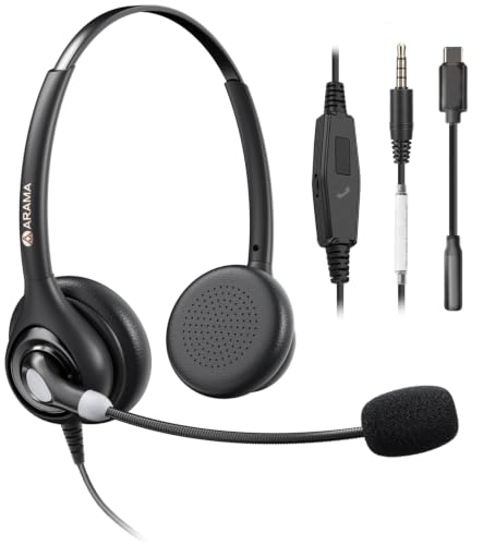 Cell Phone Headset w/Lightweight Secure-Fit Headband, Pro Noise Canceling Mic and in-line Controls, 3.5mm Wired Headphones for iPhone, Samsung, LG,