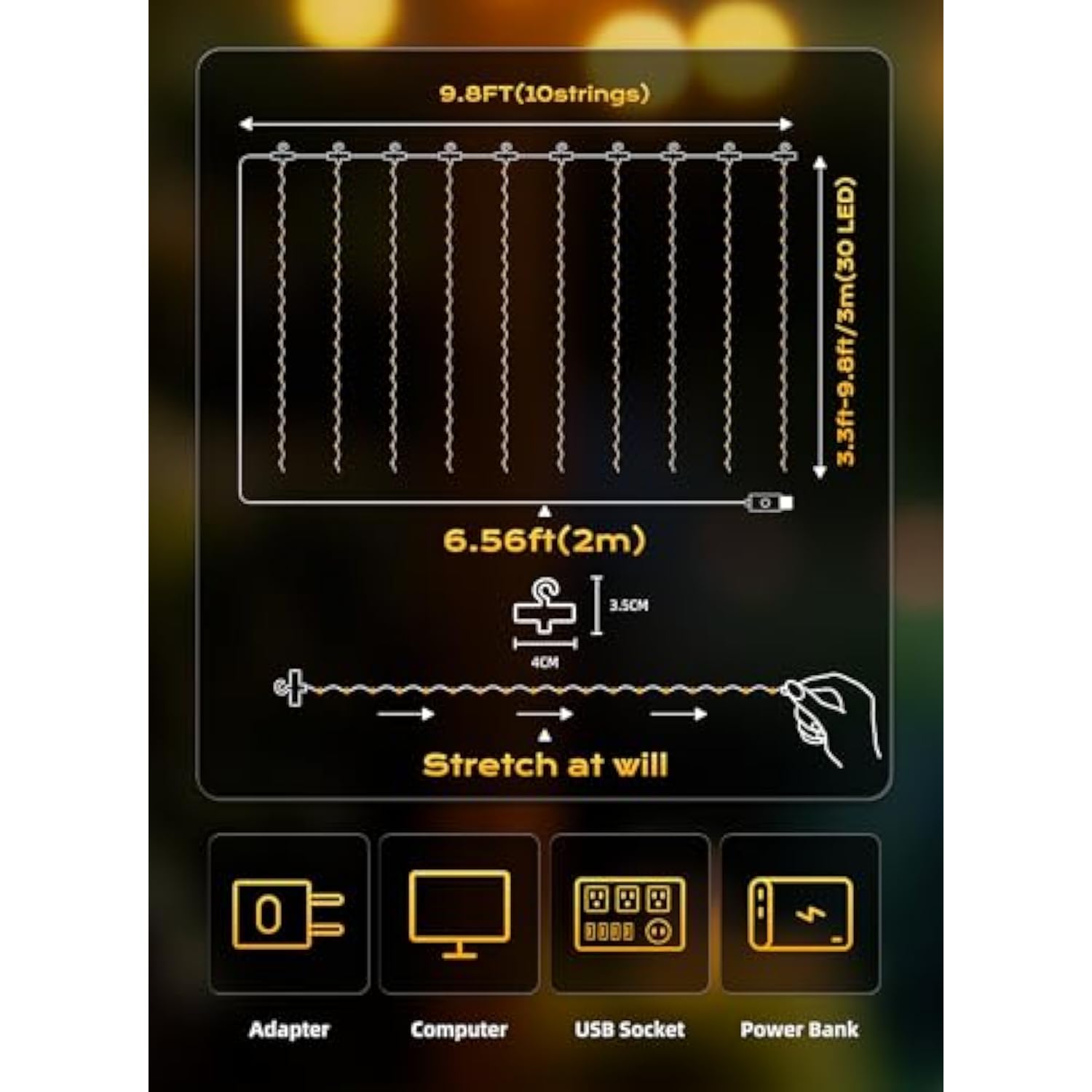 300 Led Fairy Curtain Lights, 9.8Ft X 9.8Ft Warm White Curtain String Lights, Usb Plug In 8 Lighting Modes Christmas Dec