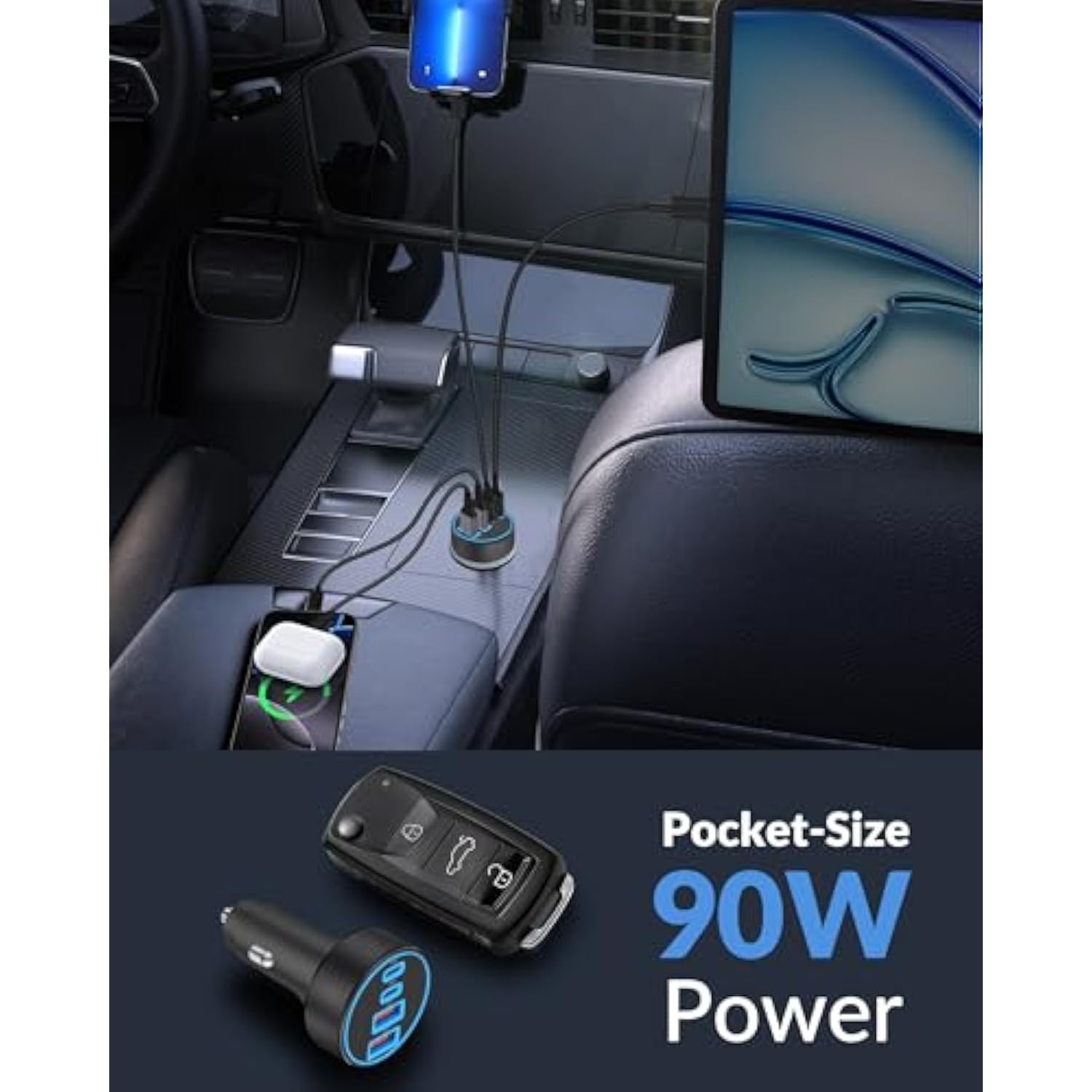 [4 In 1] Usb C Car Charger, 4-Port 90W Super Fast Charging Cigarette Lighter Adapter, Dual 45W Usbc & Usb-A Multiport Car Phone Charger Accessories For Iphone 16E 16 15 14 13 12, Ipad, Samsung Tablet