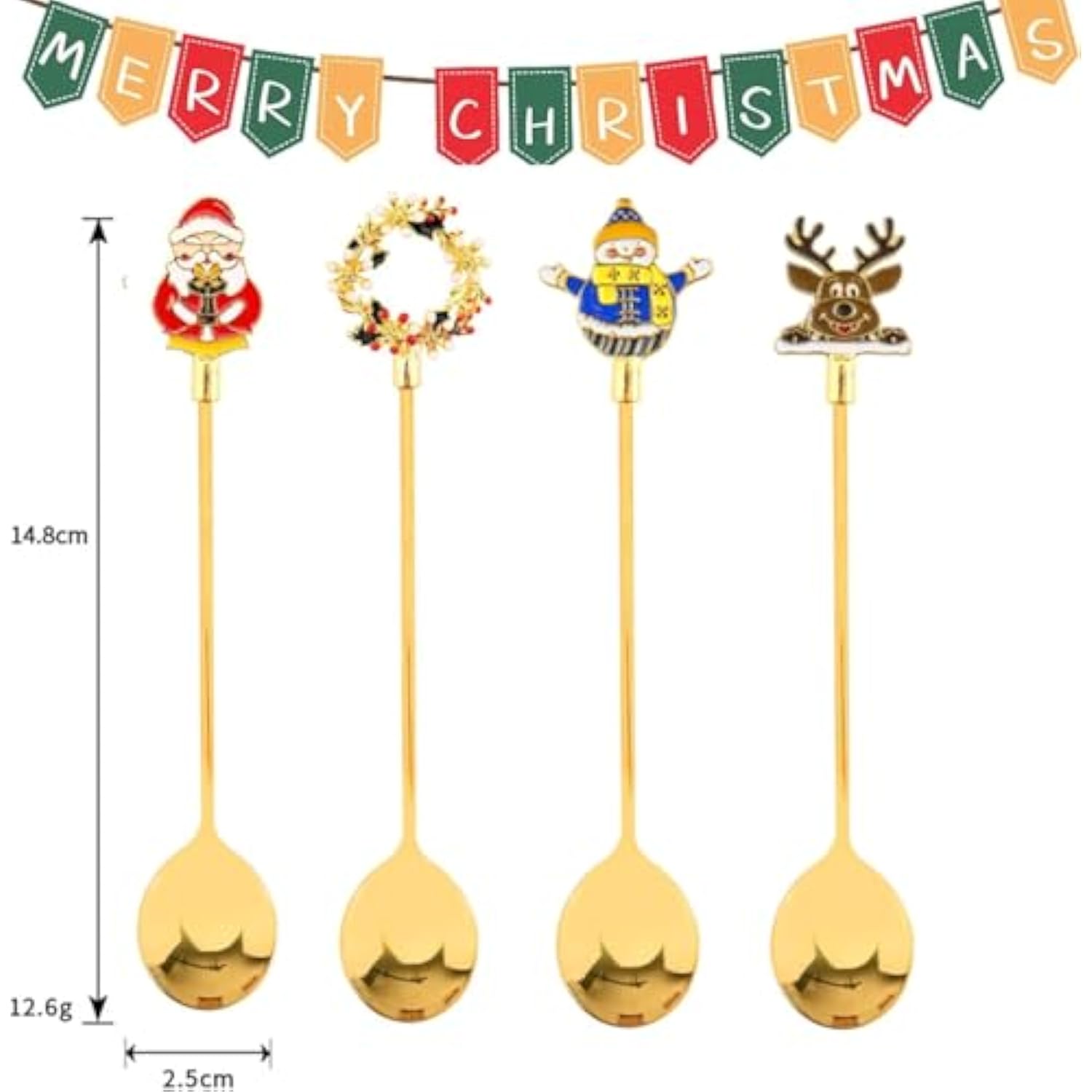 4Pcs Christmas Coffee Spoons Santa Claus Snowman Wreath Elk Stainless Steel Gold Spoons For Milk Coffee Dessert Cake Tea Soup Dinner Tableware Practical Xmas Gift
