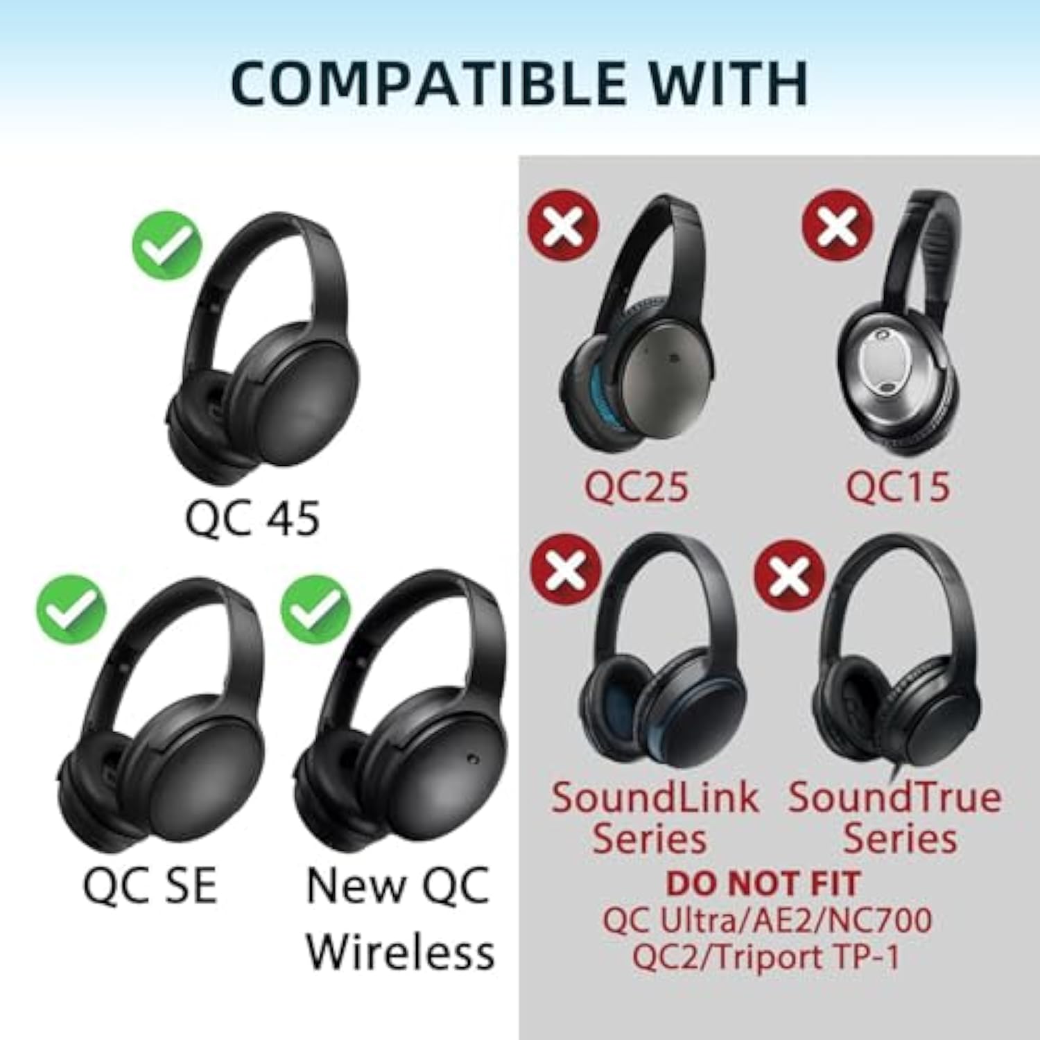 Replacement Ear Cushions For Bose Quietcomfort 45 (Qc45)/Quietcomfort Se (Qc Se)/New Quiet Comfort Wireless With Soft Protein Leatherette Ear Cushions And Acoustic Foam Earcups (Black)