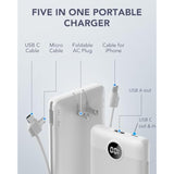Portable Charger Built-In Cables And Ac Wall Plug, Usb C Power Bank 10000Mah, Travel Essentials Phone Charger Compact Lightweight External Battery Pack For Smart Phones, Tablets Etc-White