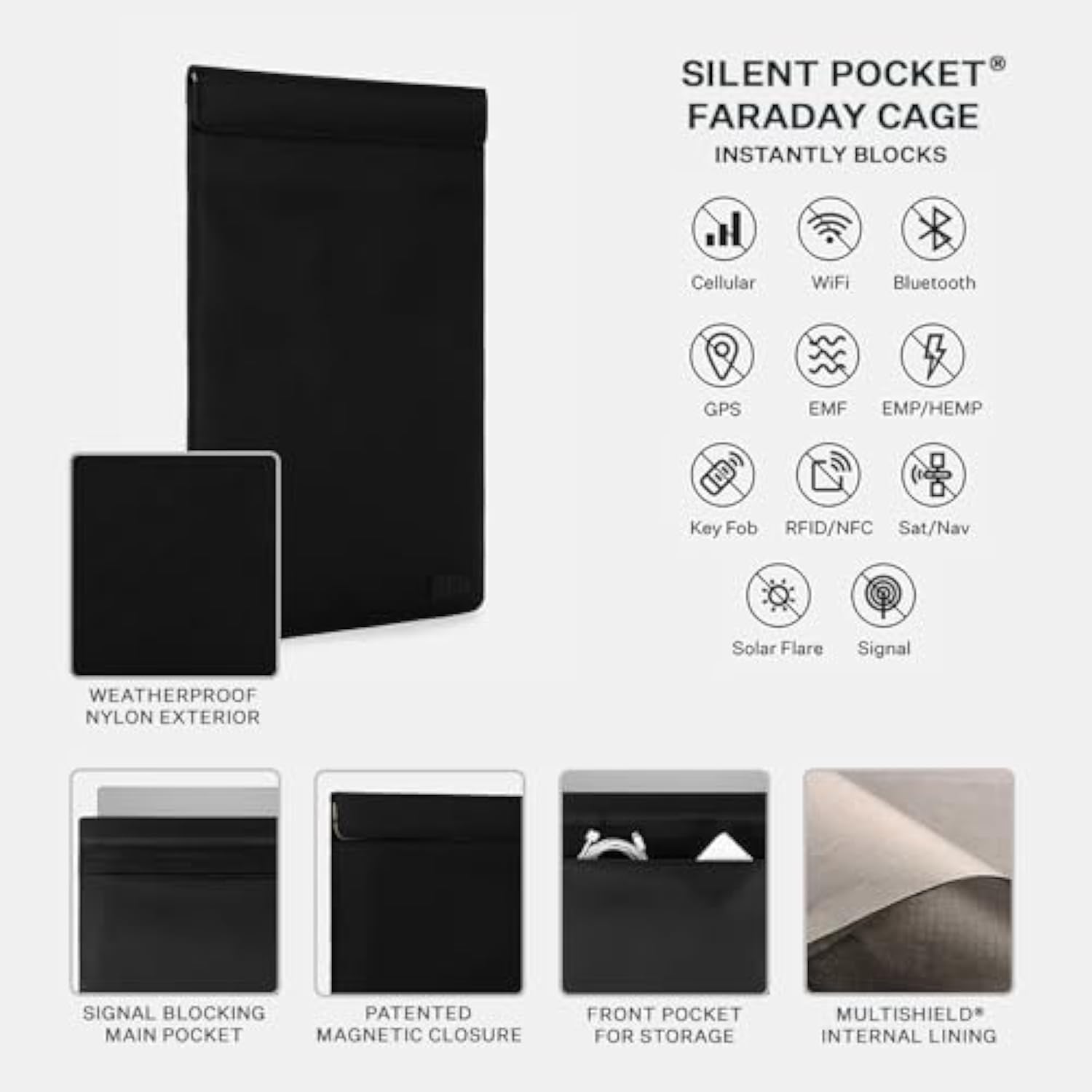 SLNT Weatherproof Nylon Faraday Bag with Silent Pocket - Signal Blocking Device Vertical Sleeve for 13" Laptops & Tablets - Blocks RFID, WiFi, Bluetooth, NFC, Cellular, GPS, EMF (Black Nylon, 13 in)