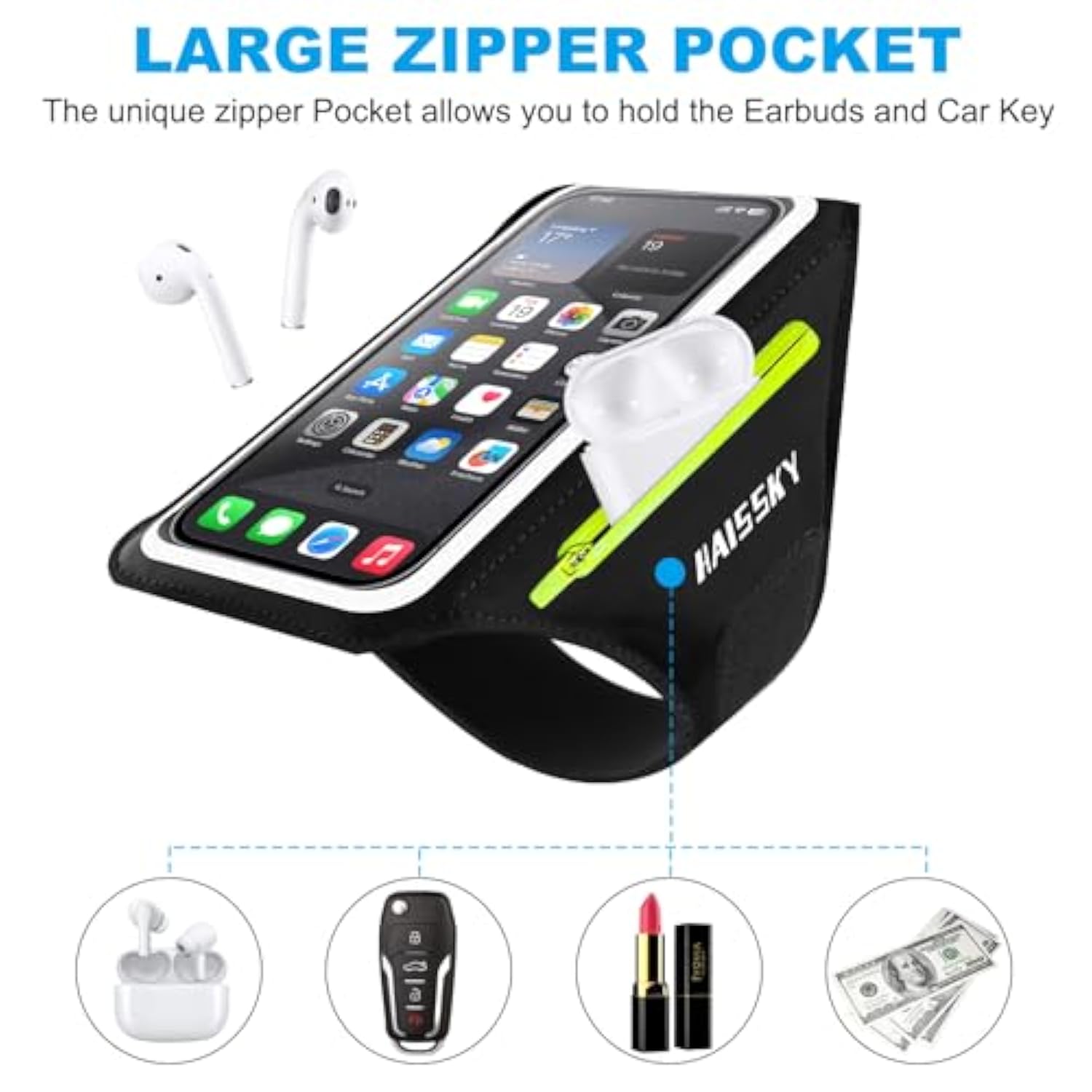 Running Armband with Zipper Pocket Sweatproof Phone Holder for iPhone Galaxy