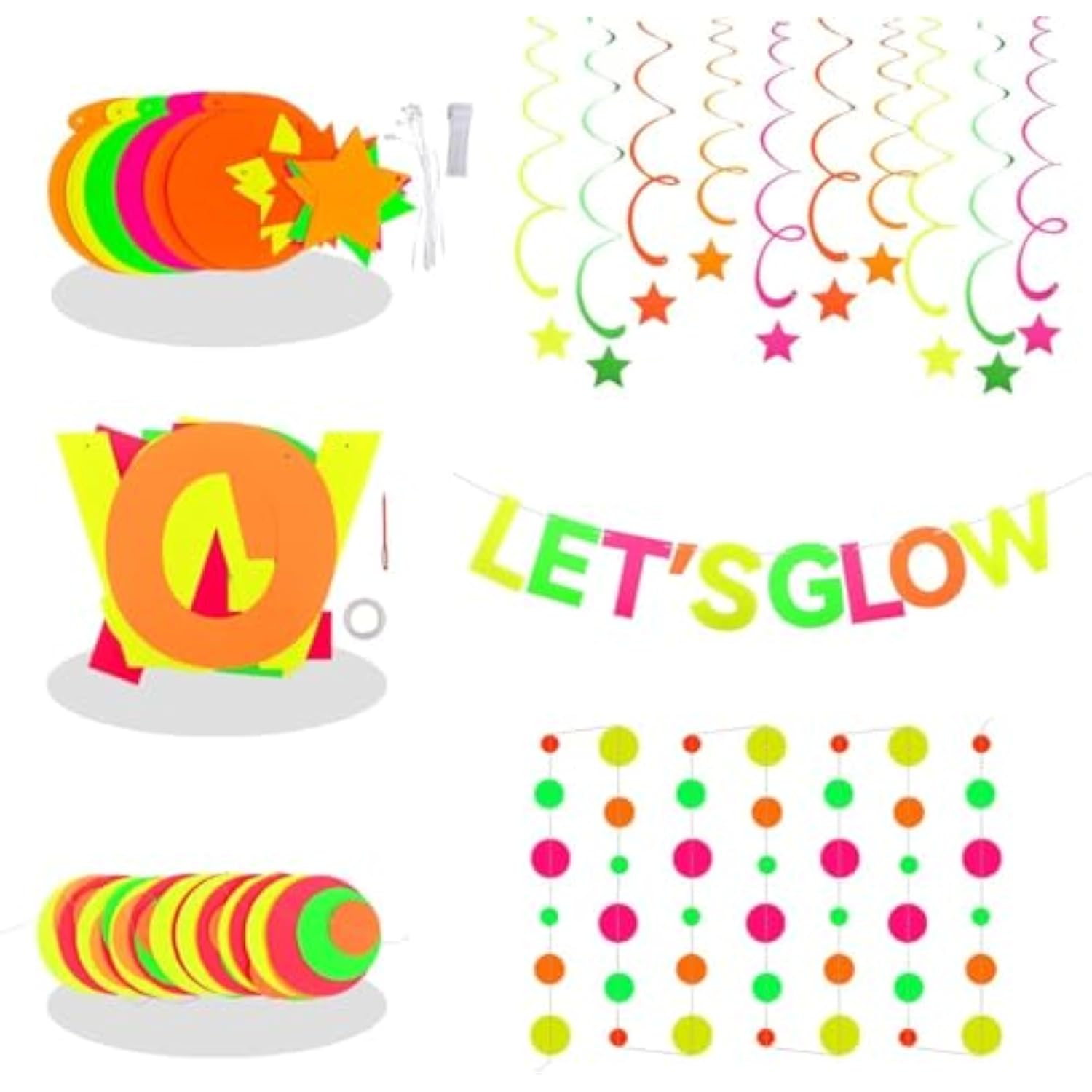 Neon Party Supplies Includes Let'S Glow Banner, Round Dot Paper Garland, Neon Swirl Streamers,Glow In The Dark Party Supplies Decorations Uv Blacklight Reactive Favor For Halloween Wedding Birthday