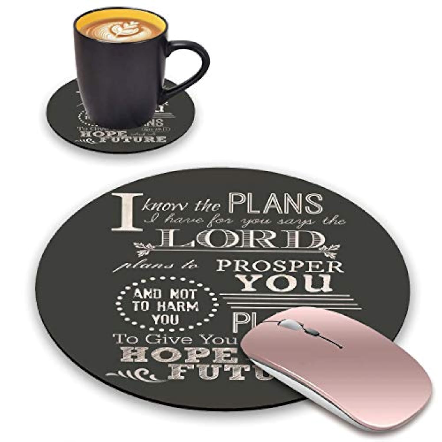 Round Mouse Pad And Coasters Set, Quotes Bible Verse Jeremiah 29:11 Design Mouse Pad, Non-Slip Rubber Base Mouse Pads For Laptop And Computer