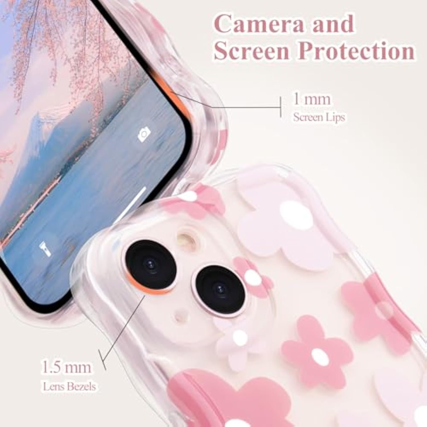 For Iphone 14 Case, Cute Flower Girls Women Soft Case Silicone Shockproof Curly Wave Wavy Edge Full Camera Protection Cover Pretty Thin Floral Leaf Pattern Phone Case For Iphone 14, Pink