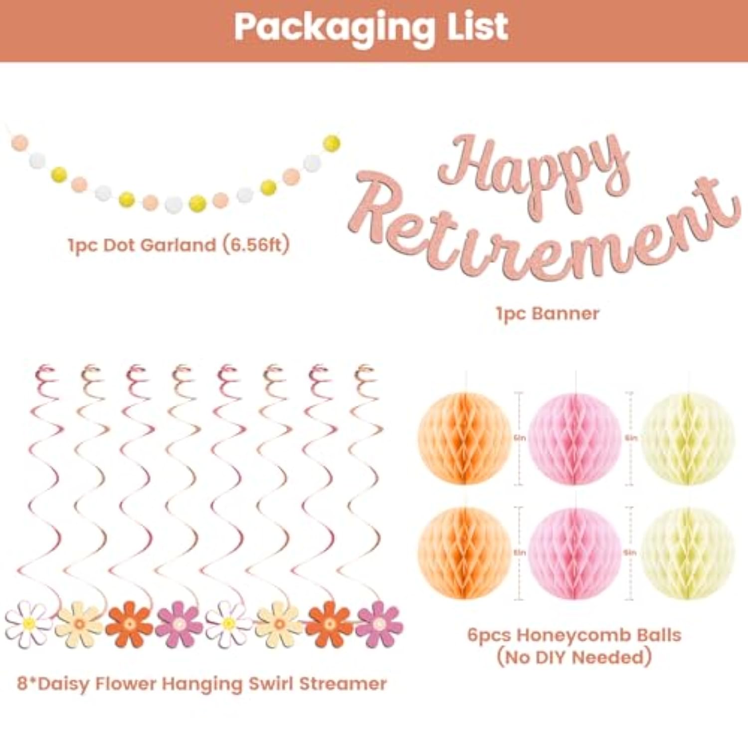 Retirement Party Decorations For Women, Rose Gold Happy Retirement Banner Female, Honeycomb Balls, Hanging Swirl,Retired Parties Supplies
