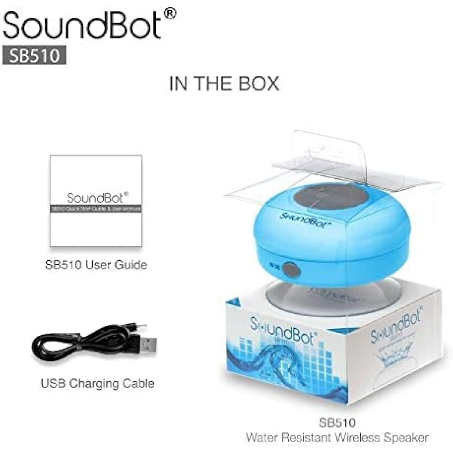 SoundBot SB510 HD Water Resistant Bluetooth Shower Speaker, Handsfree Portable Speakerphone with Built-in Mic, 6hrs of Playtime, Control Buttons and Dedicated Suction Cup_Blue