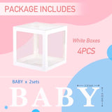 Baby Boxes With 4 Pcs Letters For Baby Shower White Clear Balloon Box Blocks Gender Reveal Decorations And Birthday Party (White)