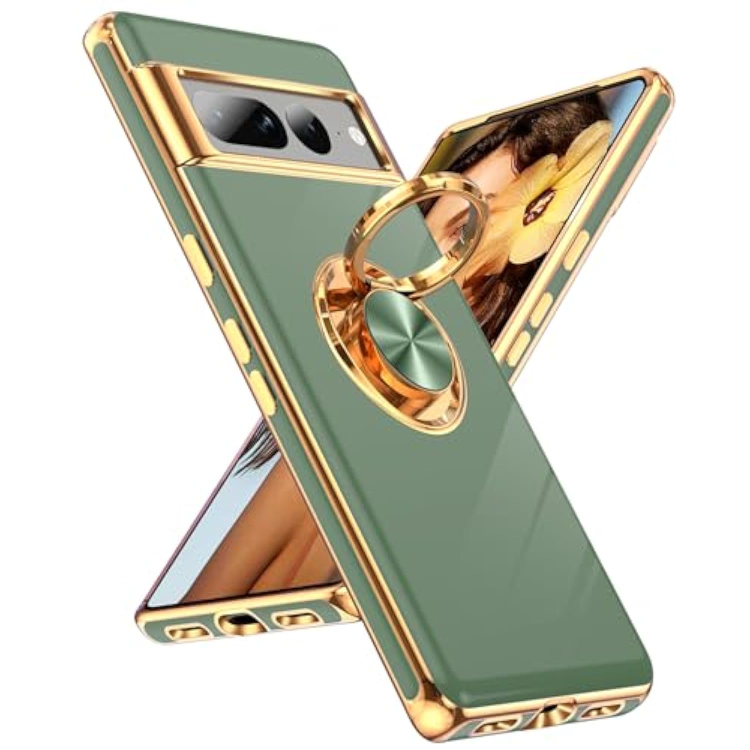 For Google Pixel-7-Pro Phone Case: 360° Rotatable Ring Holder Magnetic Kickstand, Plating Rose Gold Edge Protective For Google Pixel 7 Pro Case, L-Green