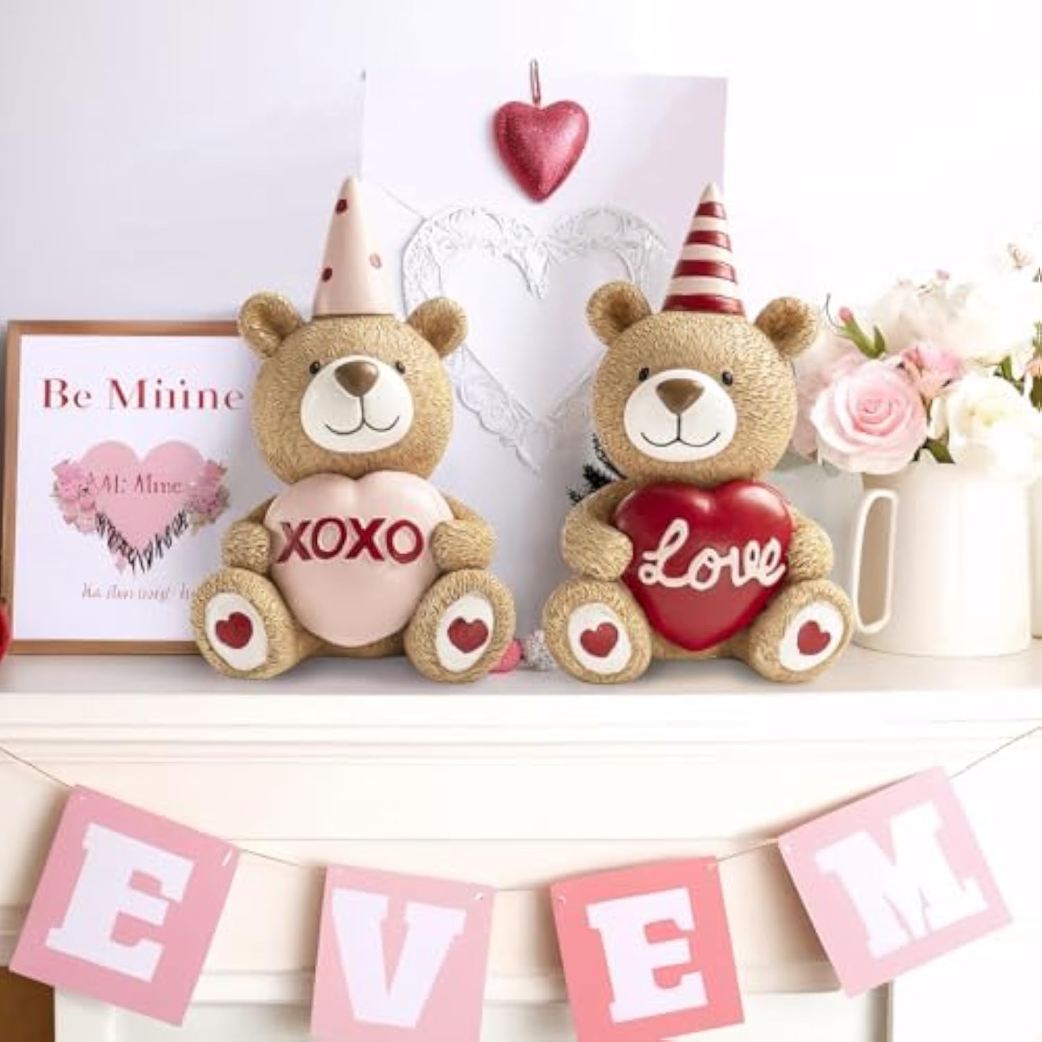 2 Pcs Valentines Day Figurines, Resin Small Teddy Bear Table Top Indoor Decorations For Home, Valentine'S Day Wedding Love Xoxo Tabletop Centerpieces Shelf Mantel Tiered Tray Desk Decor