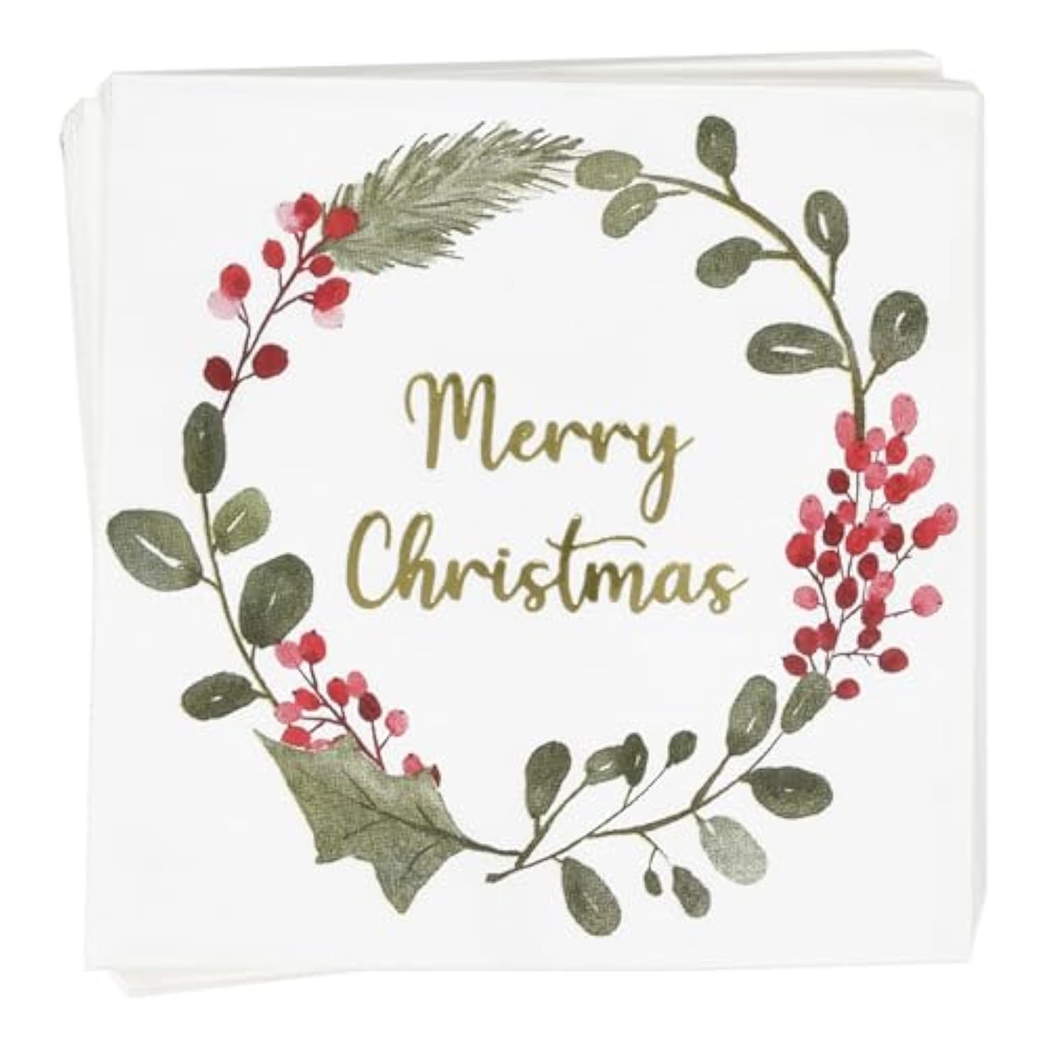 Christmas Napkins 100 Pack – Disposable Paper Beverage Cocktail Napkins With Gold Merry Christmas Wreath For Holiday Party Decor