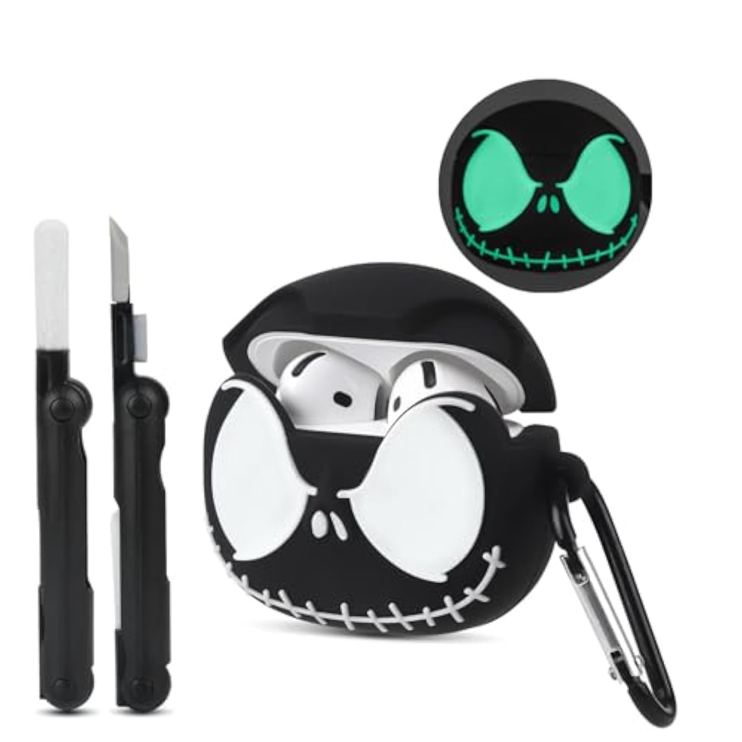 For Airpods 4 Case Cover With Cleaner Kit, [Glow In The Dark] Soft Silicone Cute Case For Apple Airpods 4Th Generation, Funny Anime Skull Cases For Air Pods4 For Men Women - Black