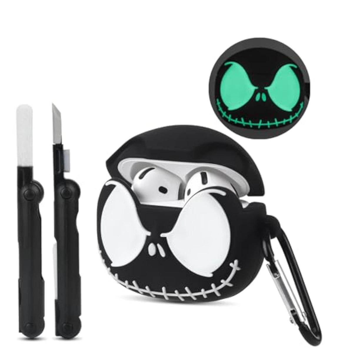 For Airpods 4 Case Cover With Cleaner Kit, [Glow In The Dark] Soft Silicone Cute Case For Apple Airpods 4Th Generation, Funny Anime Skull Cases For Air Pods4 For Men Women - Black