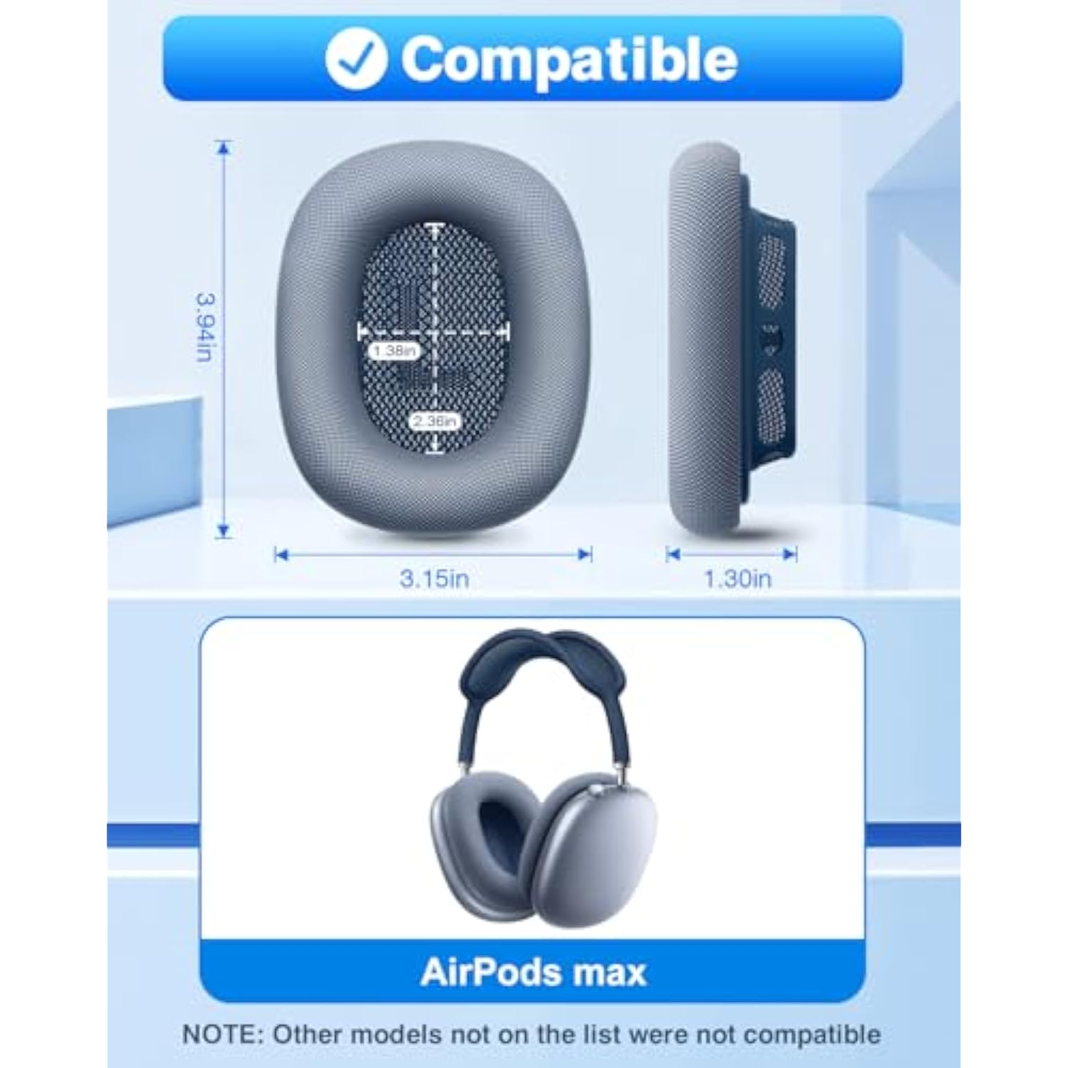 Replacement Ear Pads For Airpods Max Ear Cushion Fabric Memory Foam Magnetic Earpads For Airpods Max (Blue)
