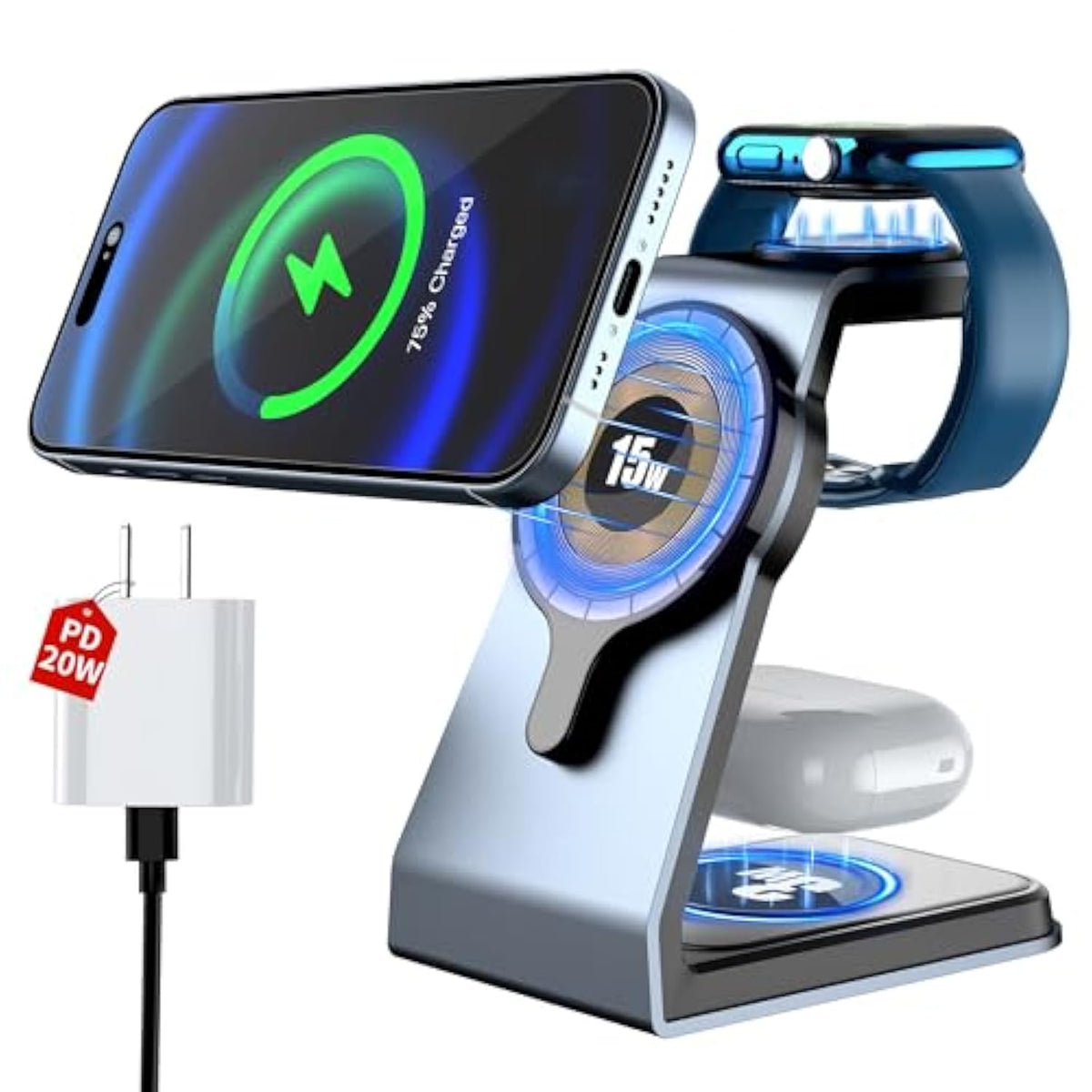 Aluminum 3 In 1 Charger Stand, Magnetic Wireless Charger Iphone Charging Station For Apple - Iphone 16 15 14 Pro Max 13 12 11 - Watch 8 7 6 5 4 3 2 Se - Airpods 3 2 Pro - (Adapter Included)