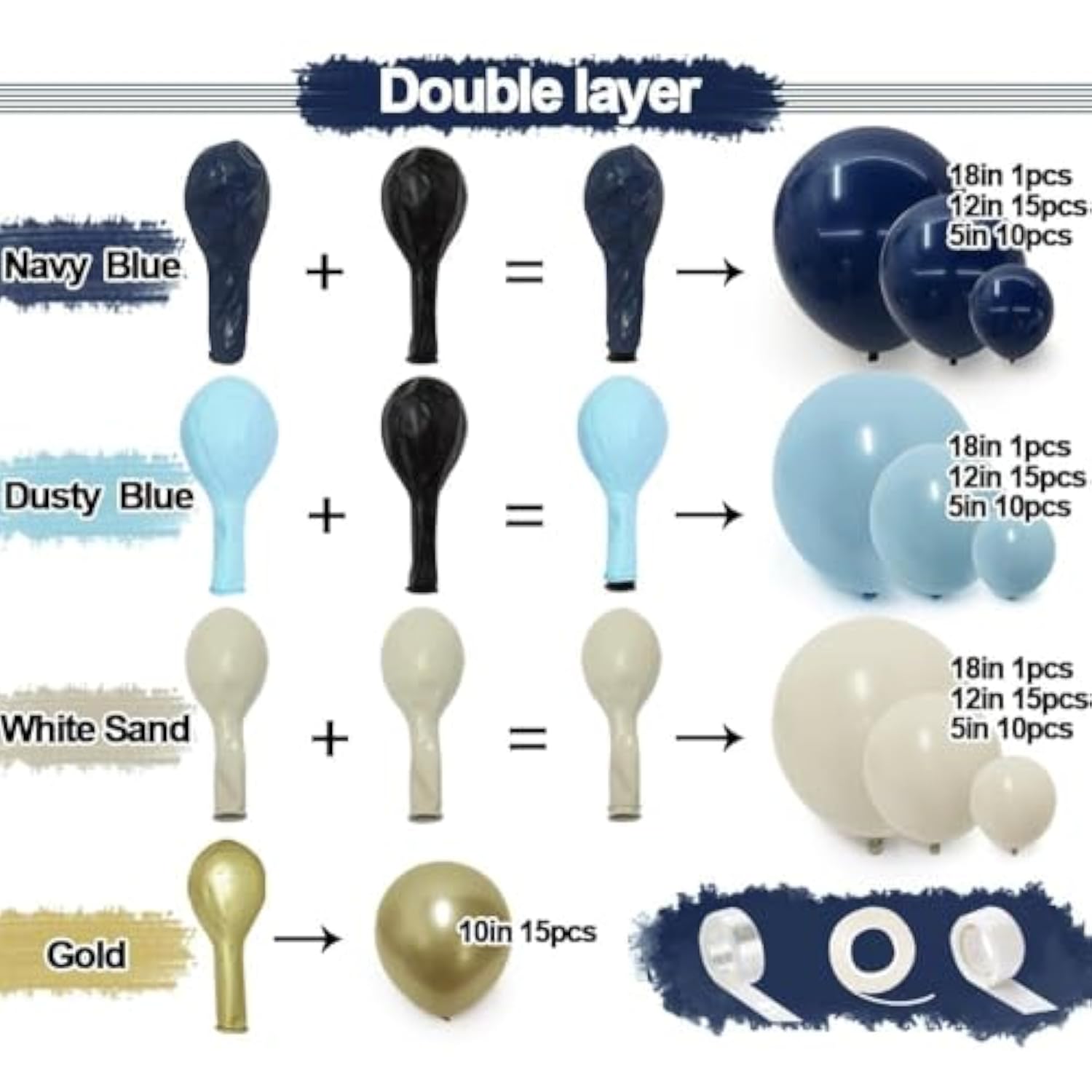 Navy Blue Balloon Garland Double Stuffed Dusty Blue Gold White Sand Balloons Beige Cream Metallic Latex Arch Kit For Neutral Baby Shower Graduation Birthday Party Decorations