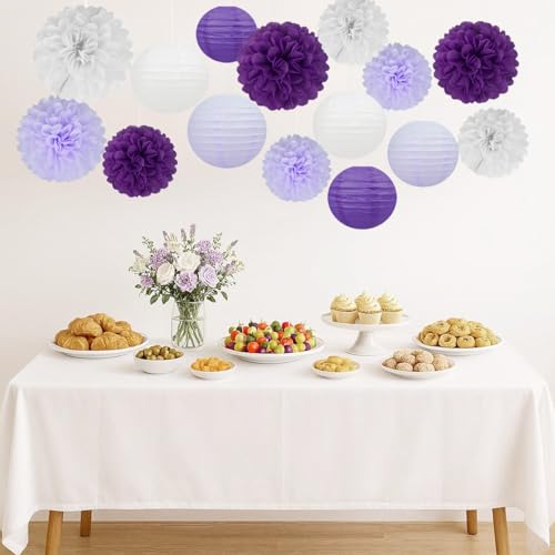 White Purple Party Decorations - 17Pcs Tissue Pom Poms Paper Flowers Lanterns Birthday Valentines Day Decorations Baby Girl Shower Women Bridal Wedding Engagement Bachelorette Graduation Hanging Decor