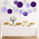White Purple Party Decorations - 17Pcs Tissue Pom Poms Paper Flowers Lanterns Birthday Valentines Day Decorations Baby Girl Shower Women Bridal Wedding Engagement Bachelorette Graduation Hanging Decor