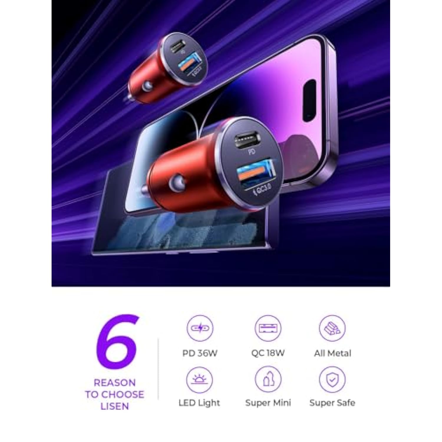 2-Pack Usb C Car Charger Adapter Fast Charge, 48W All Metal Cigarette Lighter Usb Charger For Iphone 15 Smallest Flush Car Charger Usb C For Iphone 14 Pro Max 13 12 Galaxy S23/22 Ipad Pro-Red